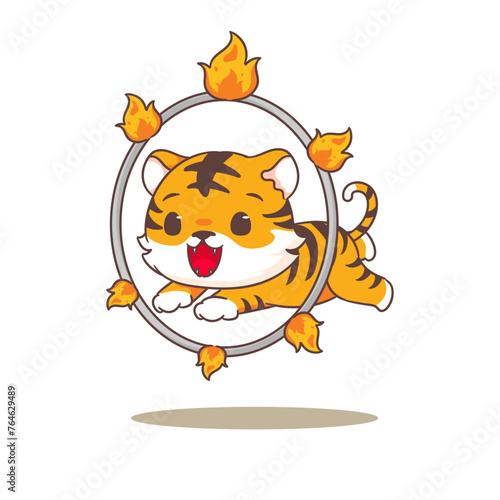 Cute little tiger jumping through fire ring cartoon character. Adorable animal concept design. Vector art illustration