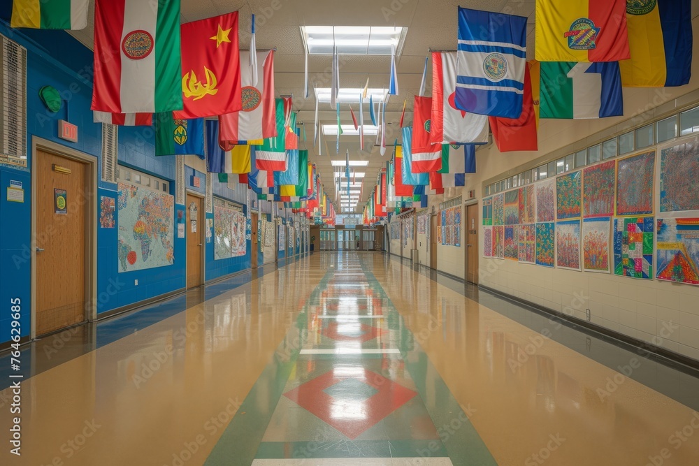 A school hallway transformed into a gallery of cultural diversity and inclusivity