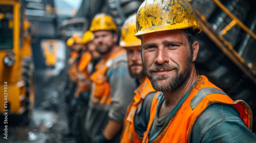 Coal miners team in safety gear working together in a mine Coal miners team in safety gear working together in a mine