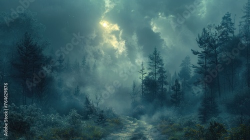 A Captivating View Of Fog and Mystical Woodland Moody Forest Landscape © Muhammad_Waqar