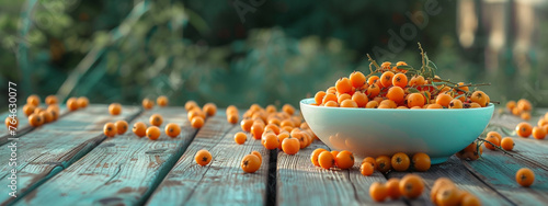 sea buckthorn in a white bowl on the background of nature photo