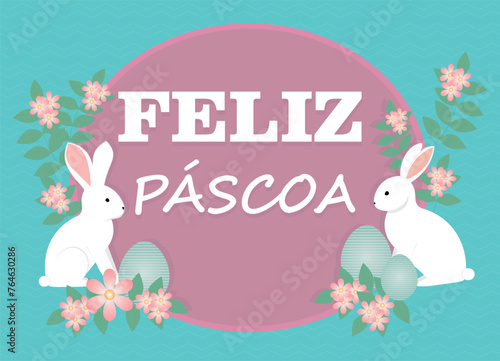 Banner paper rabbit with the text in portuguese, written Happy Easter, Feliz Páscoa