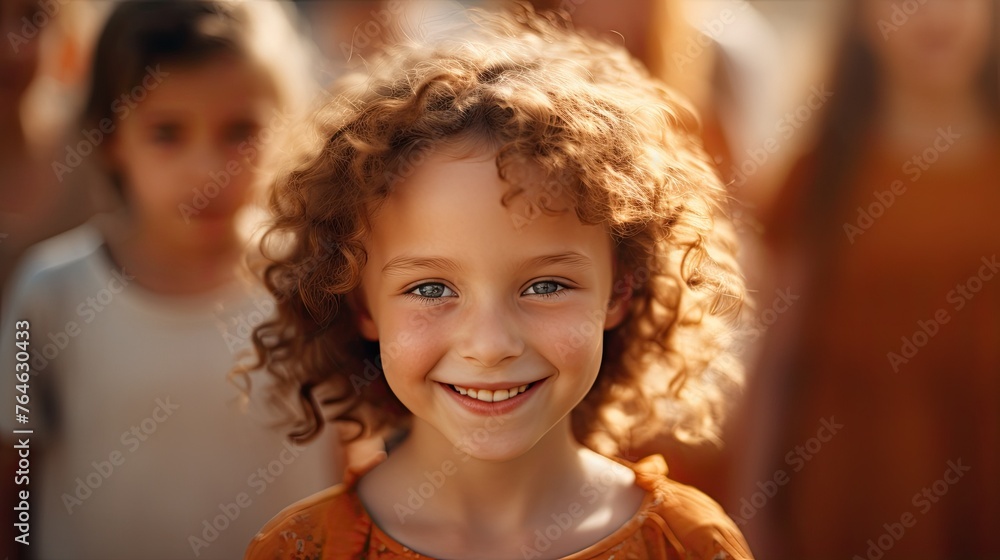 10 year old girl smiling on background of adult people, support concept 10 year old girl smiling on background of adult people, support concept