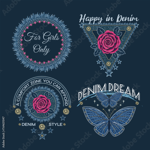 Denim theme labels with rose flower, butterfly, text, jeans fabric patches with fringe. Detailed composition in vintage style on dark background. For clothing, t shirt, surface design.