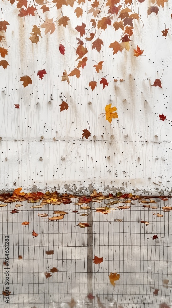 vivid leaves of autumn in fence with mirror image on wet ground