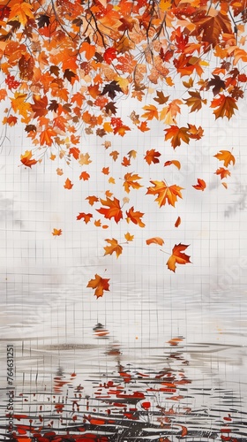 colorful leaves in a chain-link fence and their watery reflection