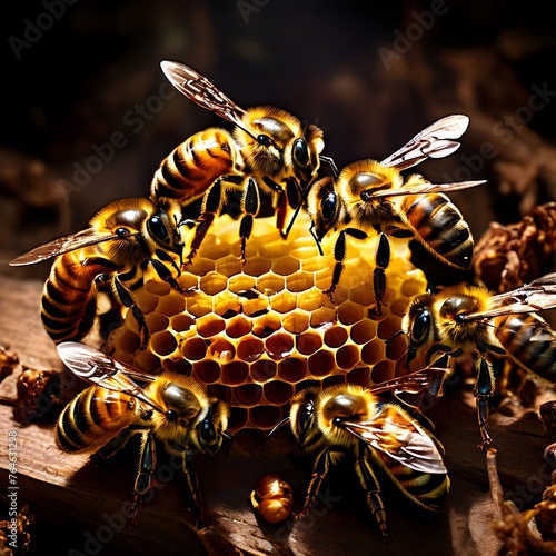 the queen marked with dot and bee workers around her - life of bee colony © Black Assassin