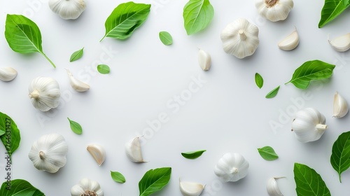 Top view : Garlic with leaves isolated on white background.