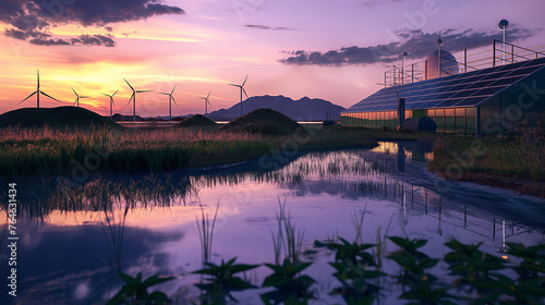 Green Energy Farm with Wind Turbines at Dusk