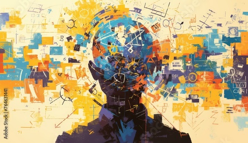 A vibrant painting of an abstract human figure with numbers and symbols swirling around their head  representing the concept that mind is body in unison. 