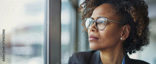 Close up portrait of professional black woman wearing business suit and looking out window, standing in office interior
