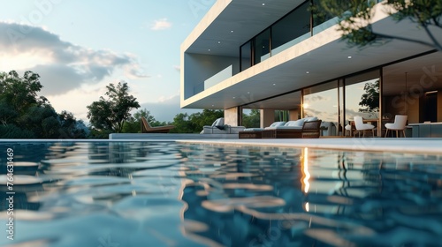 Sleek and modern villa with elegant poolside loungers in a lush garden setting © lemoncraft