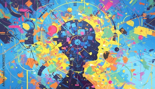 A vibrant painting of an individual surrounded by numbers and symbols, representing the concept that everything in life is made up entirely from numbers. 