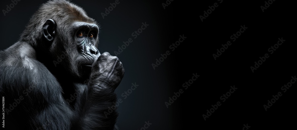 A large gorilla looking distressed with hands covering its face, isolated on a white background - obrazy, fototapety, plakaty 