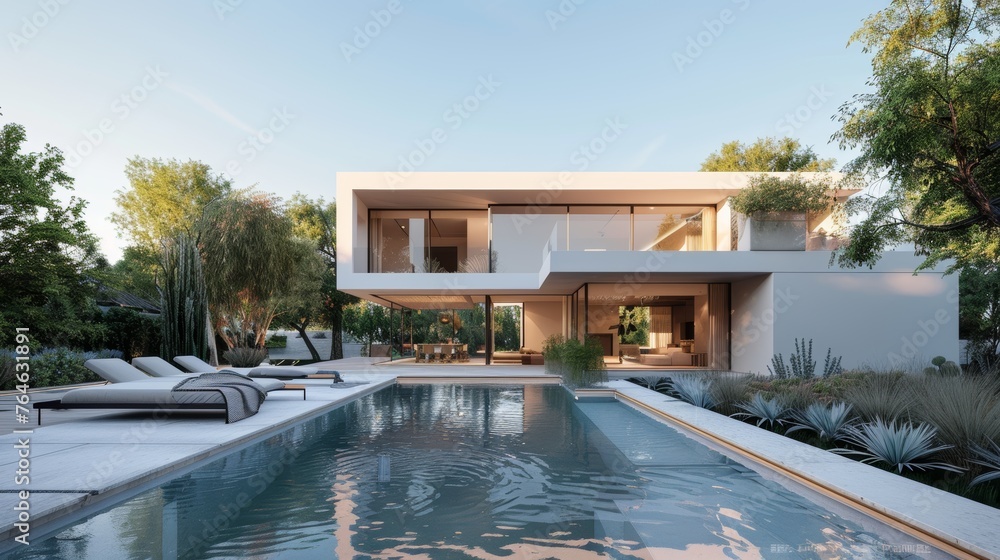 Sleek and modern villa with elegant poolside loungers in a lush garden setting