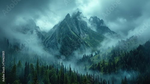 A beautiful landscape with fir trees and mountains buried in fog. photo