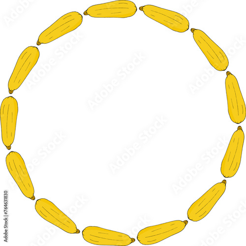 Round frame with yellow zucchini on white background. Vector image.