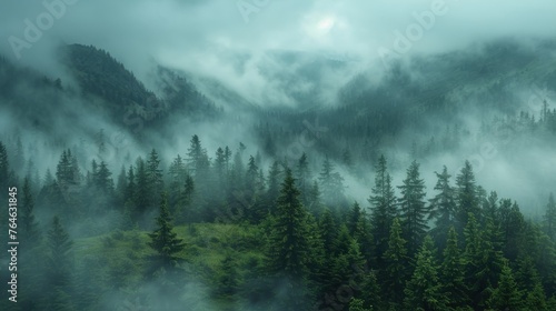 A beautiful landscape with fir trees and mountains buried in fog. © Muhammad_Waqar