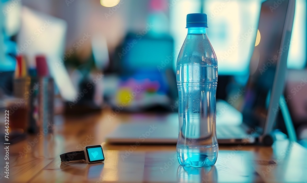 Office Wellness, Water Bottle & Fitness Tracker on Desk Office Wellness, Water Bottle & Fitness Tracker on Desk