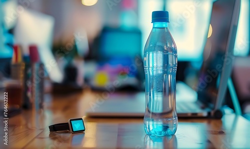 Office Wellness, Water Bottle & Fitness Tracker on Desk