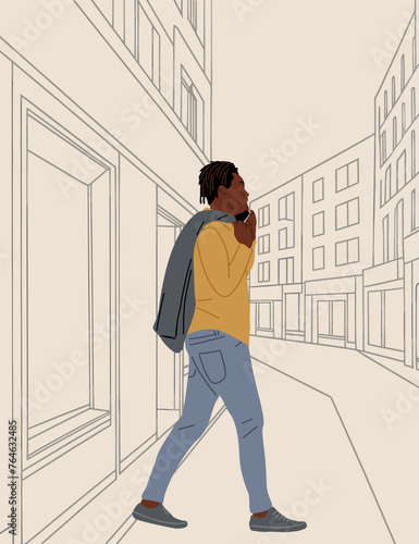 Black business man walking side view along city street. African american guy talking by mobile phone. Modern megapolis panorama beige background with outline drawing of buildings. Vector illustration.