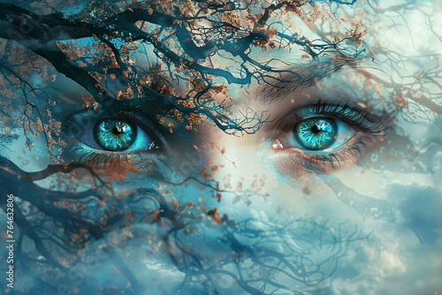 Beautiful artistic fantasy background representing a two human eyes and a tree #764632806