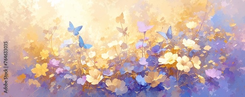 abstract background with colorful flowers and blue butterflies