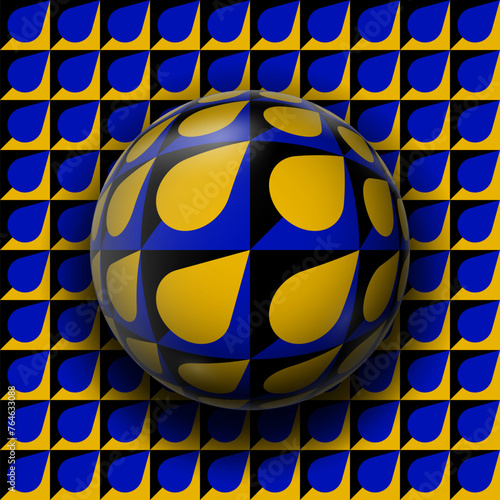 Sphere on surface with blue and golden drops pattern seems to be moving. Optical illusion illustration.