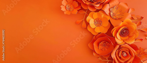 Warm orange paper flowers arrangement with a blank area for text or personalized notes. Great for autumn-themed events or harvest celebrations