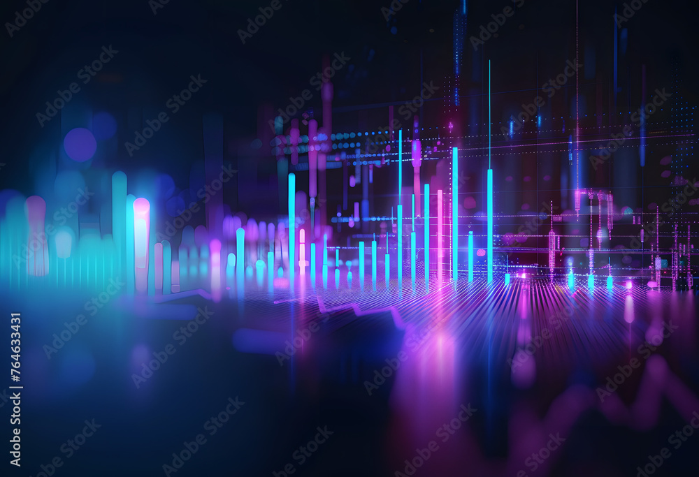 Stock Market Trends Under Blue and Purple Neon Glow: Dynamic Perspective and Depth in Financial Illustration
