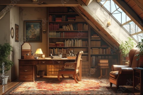 A cozy attic workspace with sloped ceilings