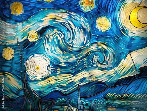 Stained glass rendition of Van Gogh's Starry Night captures the iconic swirls and luminosity in bold blues and radiant yellows.