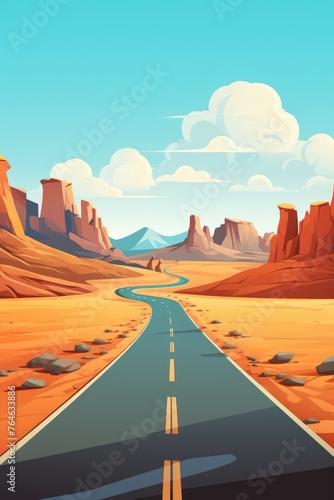 road trip adventure on big road in desert with brown rocks illustration photo