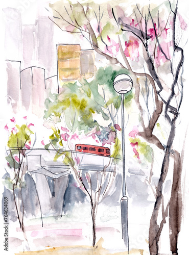 spring Hong Kong with blooming bauhinia, watercolor travel sketch