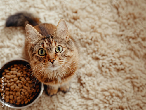 Close-up on the face of a cat that sits near a bowl full of dry food and looking at camera. Top view.The domestic cat sits next to a bowl of cat food on the kitchen floor.Ai 