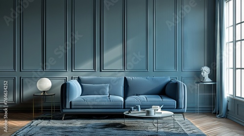 Blue sofa and coffee table against wall painted