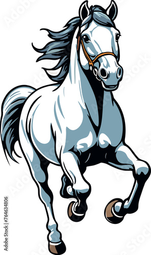 The horse is galloping. The animal's face is clearly visible. The strength, beauty and power of the animal world. Vector illustration in white, black and gray colors