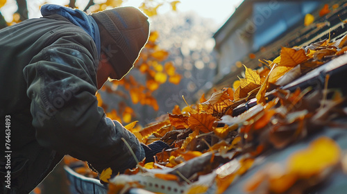 a man cleans the roof of a house from autumn leaves photo