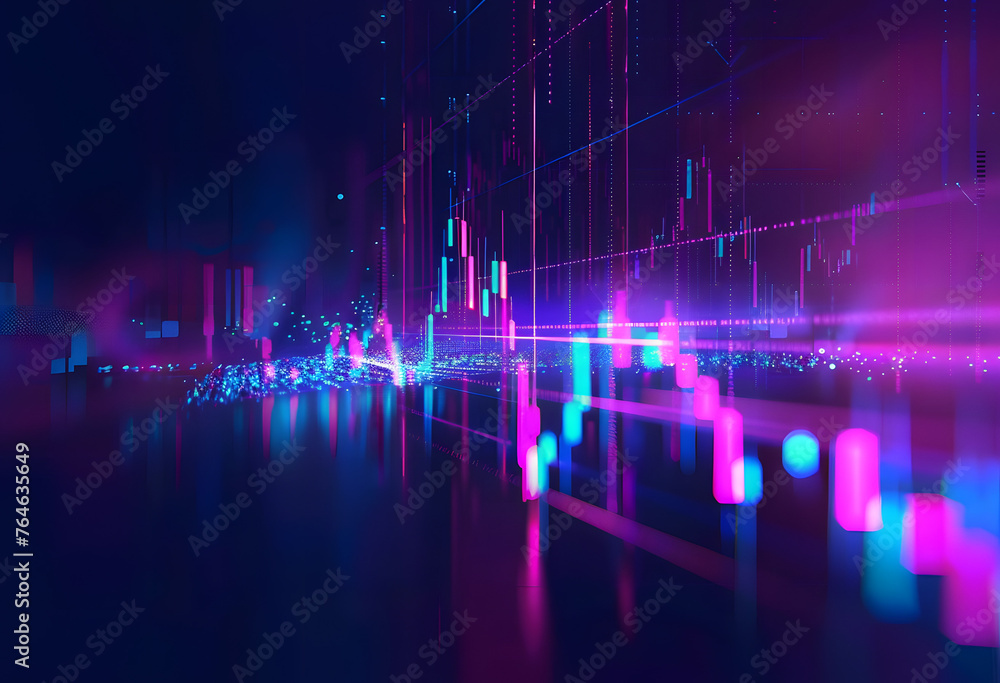 Stock Market Trends Under Blue and Purple Neon Glow: Dynamic Perspective and Depth in Financial Illustration Stock Market Trends Under Blue and Purple Neon Glow: Dynamic Perspective and Depth in Financial Illustration