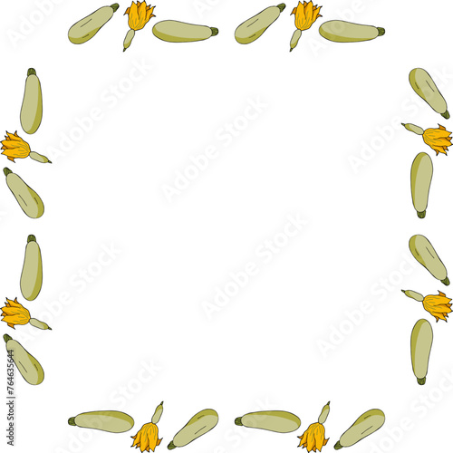 Square frame with cute green zucchini on white background. Vector image.