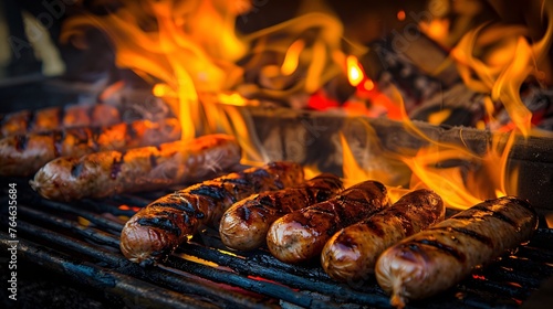 a vibrant and mouthwatering photograph of sausages grilled on an open fire