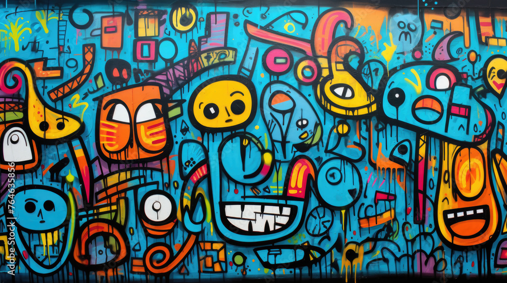Abstract grunge urban pattern with monster character, Super drawing in graffiti style, bright vibrant retro colors, blue, pink, orange and purple, multicolors background.