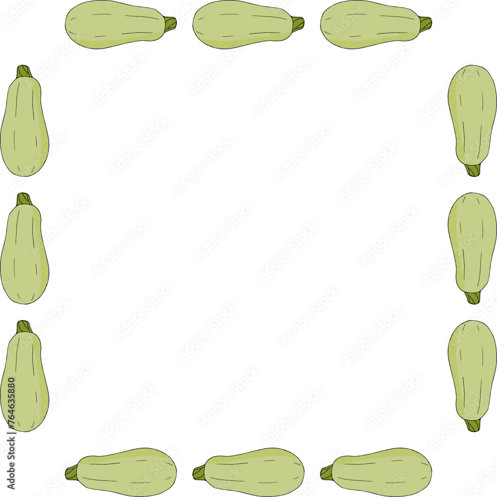 Square frame with green zucchini on white background. Vector image.