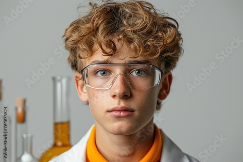 A portrait capturing the precise moment a young inventors outrageous experiment unexpectedly succeeds their expression one of sheer disbelief against a stark white backdrop HD photo