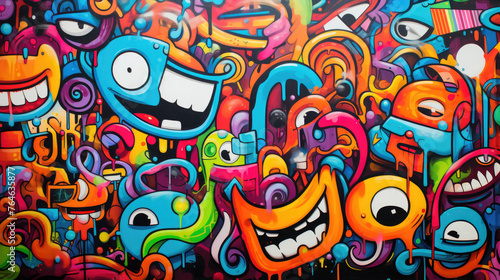 Abstract grunge urban pattern with monster character, Super drawing in graffiti style, bright vibrant retro colors, blue, pink, orange and purple, multicolors background.