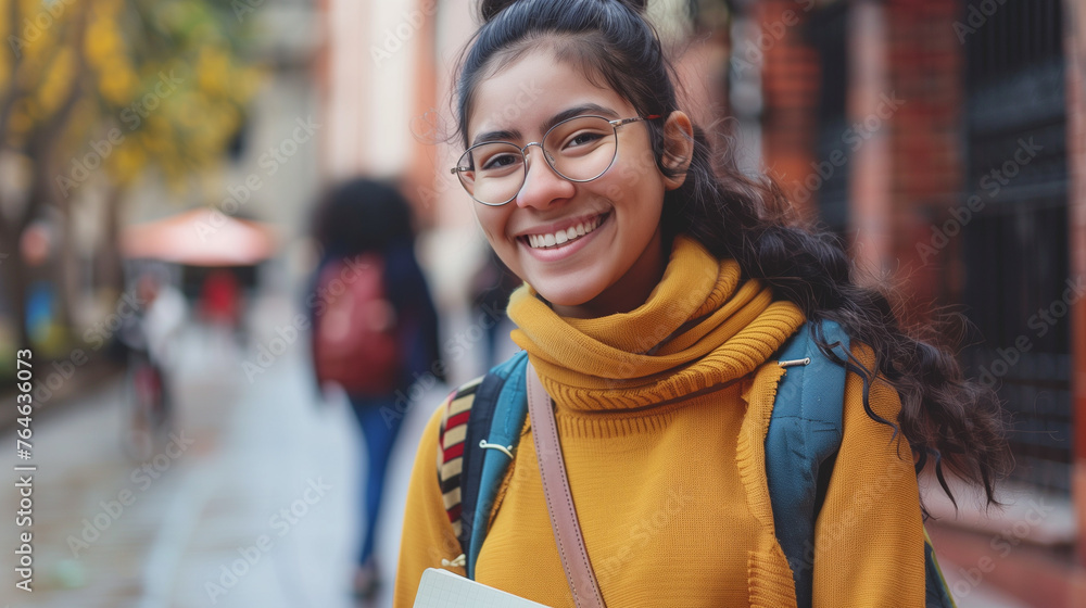 Fototapeta premium Pretty cheerful latin american student smiling on campus at college , Generative AI 
