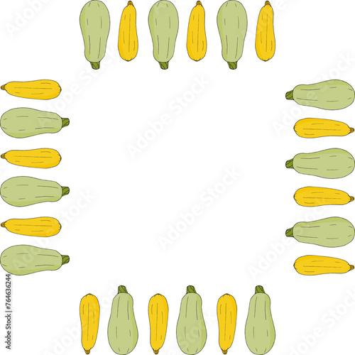 Square frame with yellow and green zucchini on white background. Vector image.