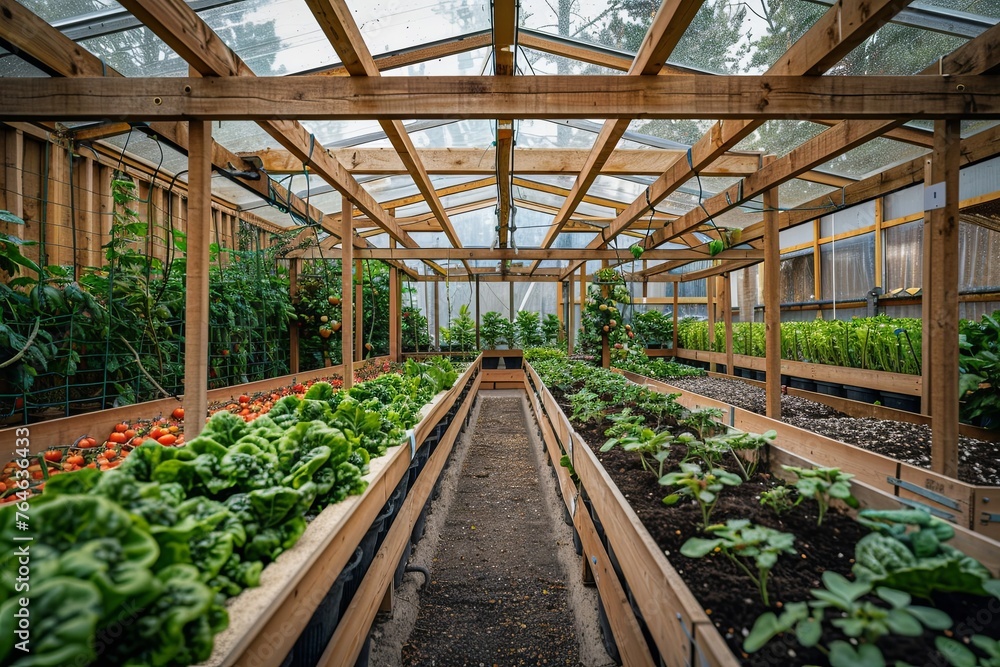 indoor vegetable garden in the greenhouse, growing tomatoes and lettuce indoor vegetable garden in the greenhouse, growing tomatoes and lettuce