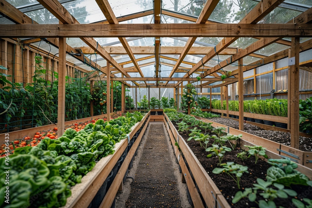 indoor vegetable garden in the greenhouse, growing tomatoes and lettuce