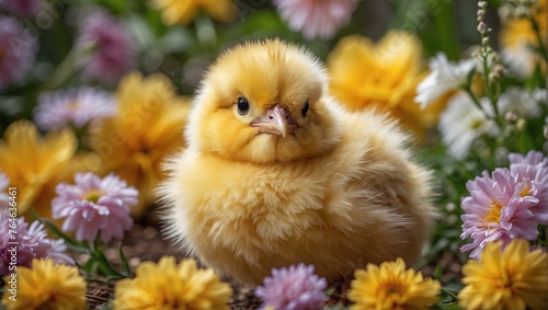 Easter chick on spring floral background. © Syrtseva Tatiana